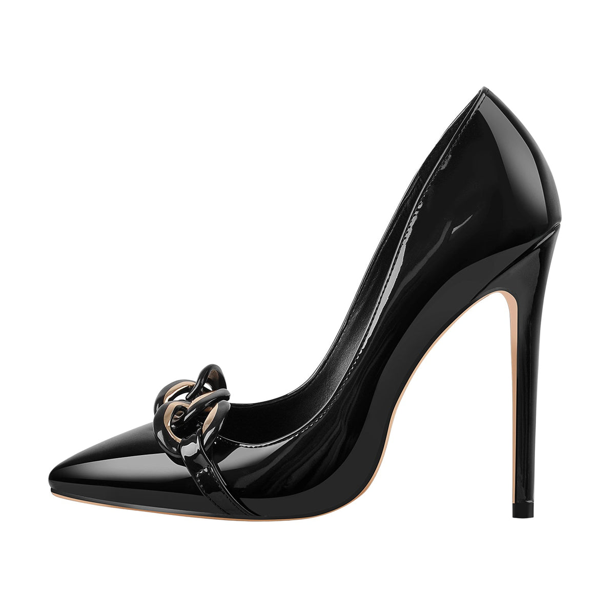 Black Pointed Toe Metal Chain Stiletto Pumps | Onlymaker New