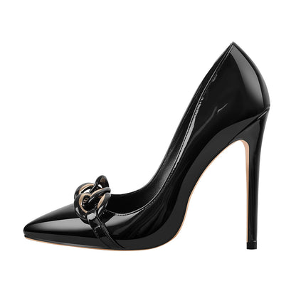 Black Pointed Toe Metal Chain Stiletto Pumps | Onlymaker New