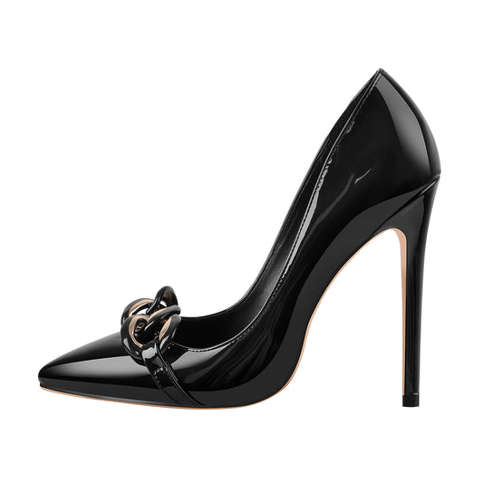 Black Pointed Toe Metal Chain Stiletto Pumps | Onlymaker New