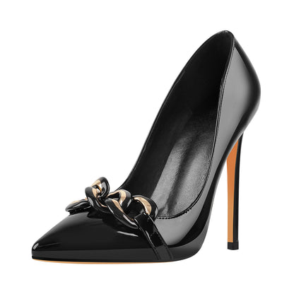 Black Pointed Toe Metal Chain Stiletto Pumps | Onlymaker New