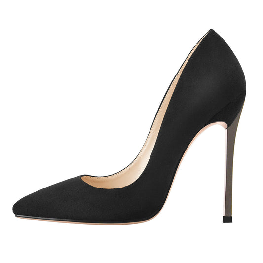 Black Suede Metal Heels Pointed Toe High Heel Pumps | Onlymaker Exclusive