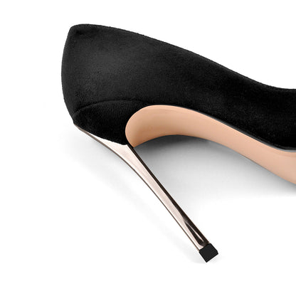 Black Suede Metal Heels Pointed Toe High Heel Pumps | Onlymaker Exclusive