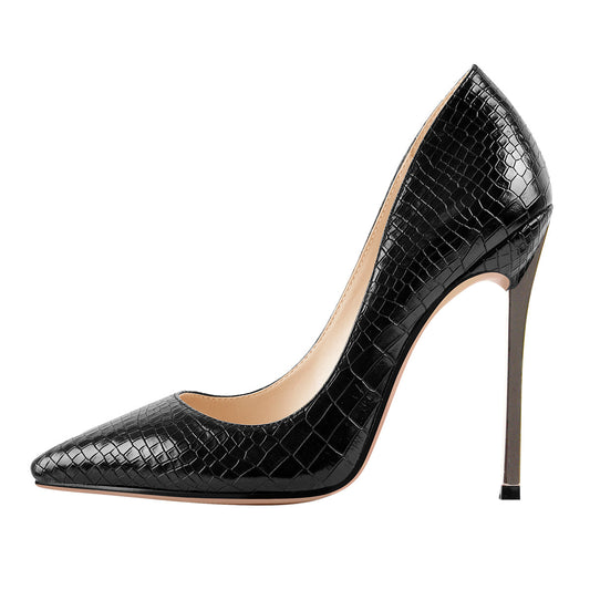 Black Leather Metal Heels Pointed Toe High Heel Pumps | Onlymaker Best Price