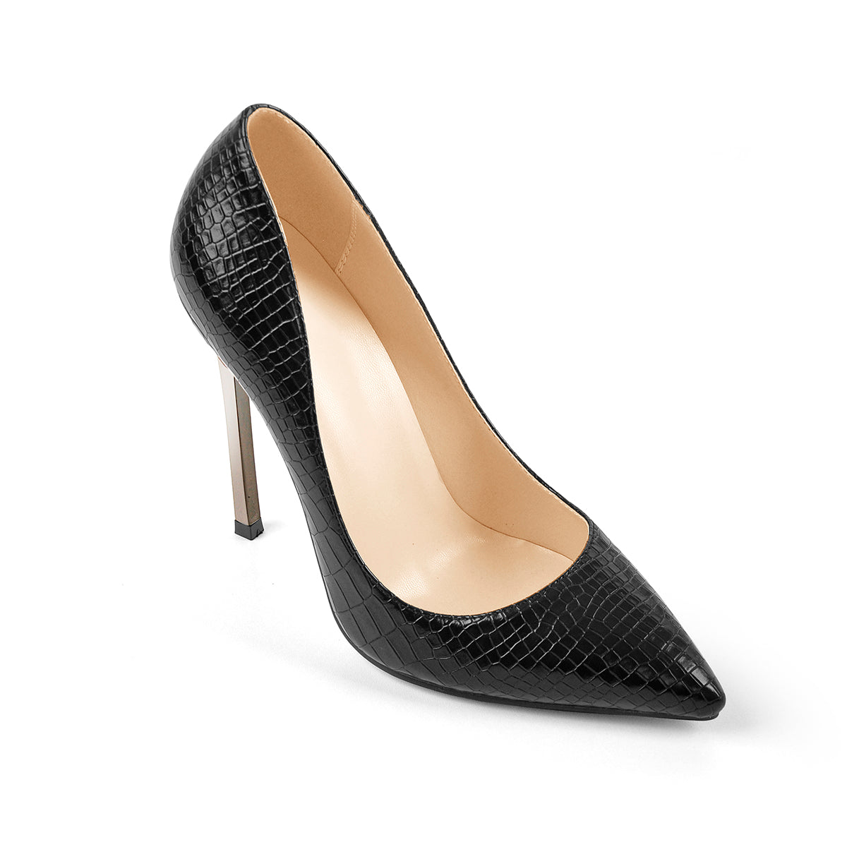 Black Leather Metal Heels Pointed Toe High Heel Pumps | Onlymaker Best Price