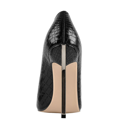 Black Leather Metal Heels Pointed Toe High Heel Pumps | Onlymaker Best Price