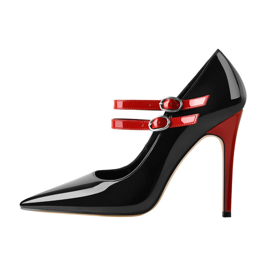 Pointed Toe Buckle Strap Patent Leather Stiletto Pumps | Onlymaker Popular
