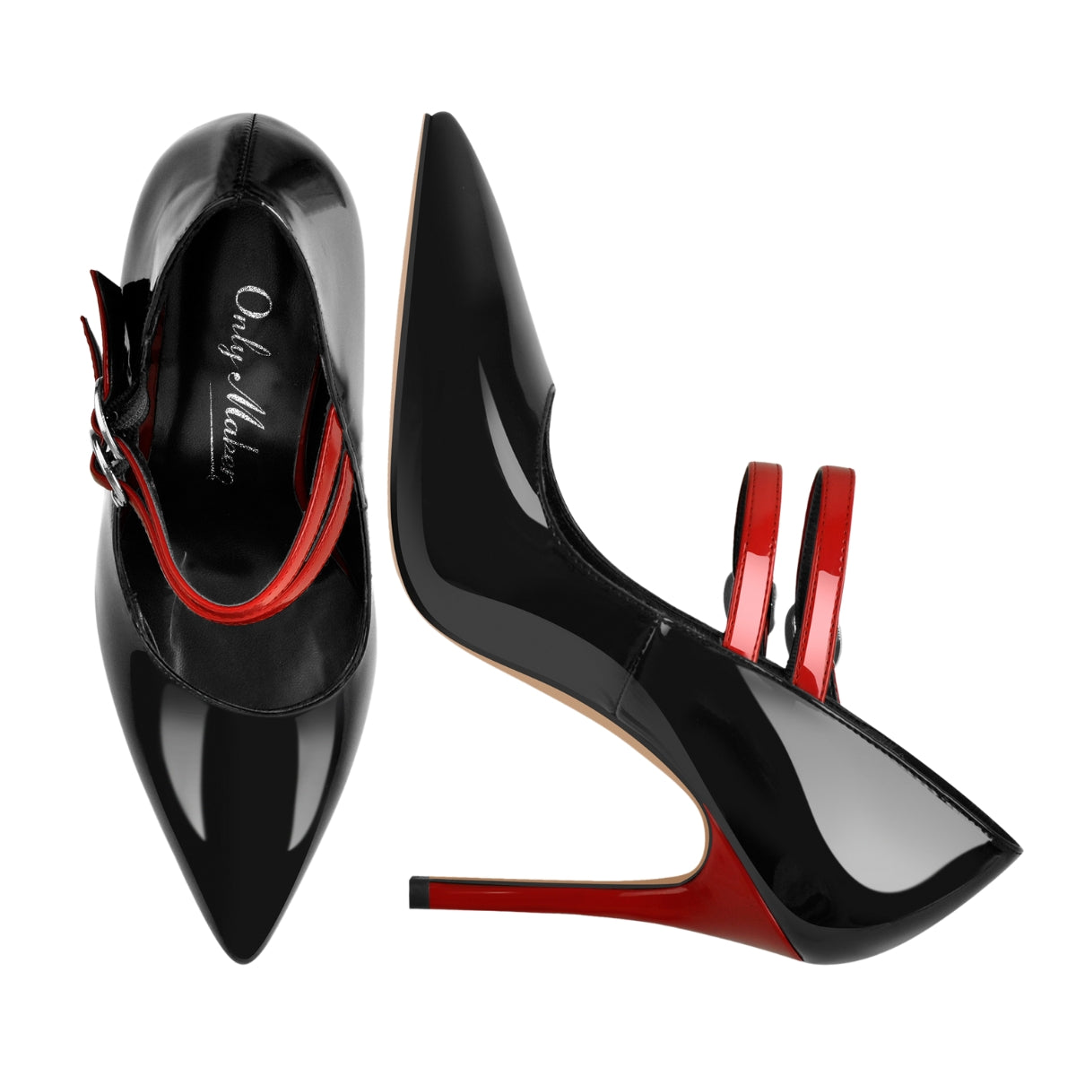 Pointed Toe Buckle Strap Patent Leather Stiletto Pumps | Onlymaker Popular