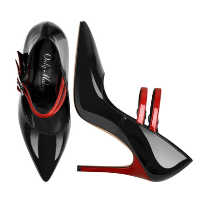Pointed Toe Buckle Strap Patent Leather Stiletto Pumps | Onlymaker Popular