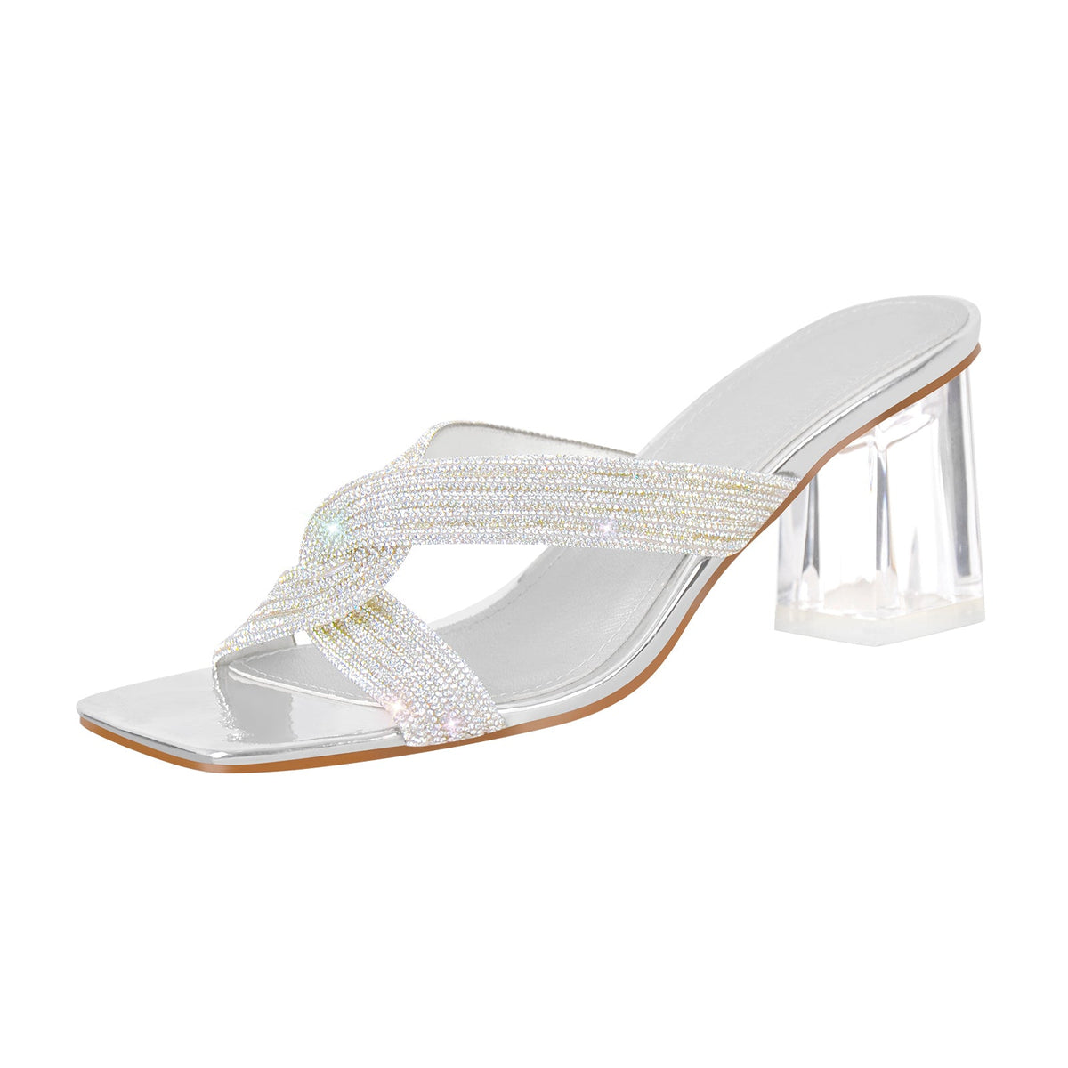 Rhinestone Strap Clear Block Sandals Mules | Onlymaker Trusted