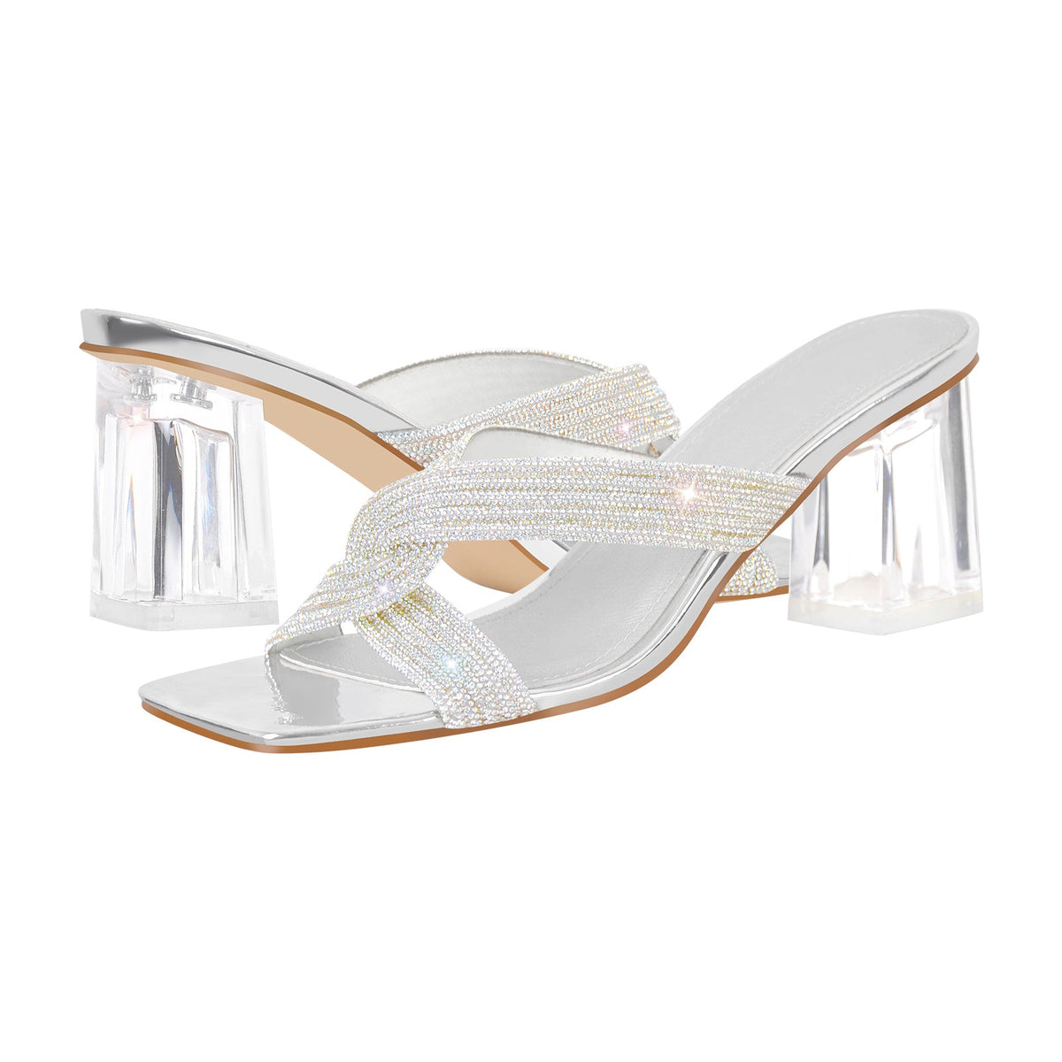 Rhinestone Strap Clear Block Sandals Mules | Onlymaker Trusted