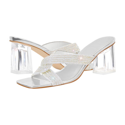 Rhinestone Strap Clear Block Sandals Mules | Onlymaker Trusted