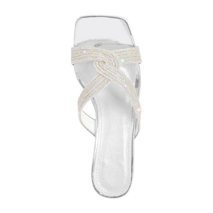Rhinestone Strap Clear Block Sandals Mules | Onlymaker Trusted