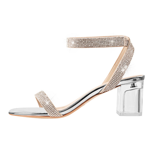 Rhinestone Strap Clear Block Chunky Sandals | Onlymaker Customer Favorite