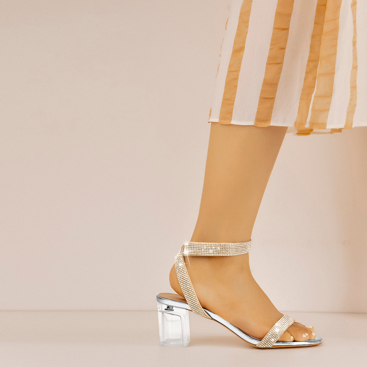 Rhinestone Strap Clear Block Chunky Sandals | Onlymaker Customer Favorite