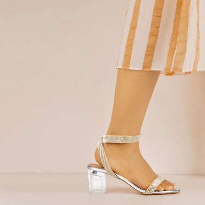 Rhinestone Strap Clear Block Chunky Sandals | Onlymaker Customer Favorite