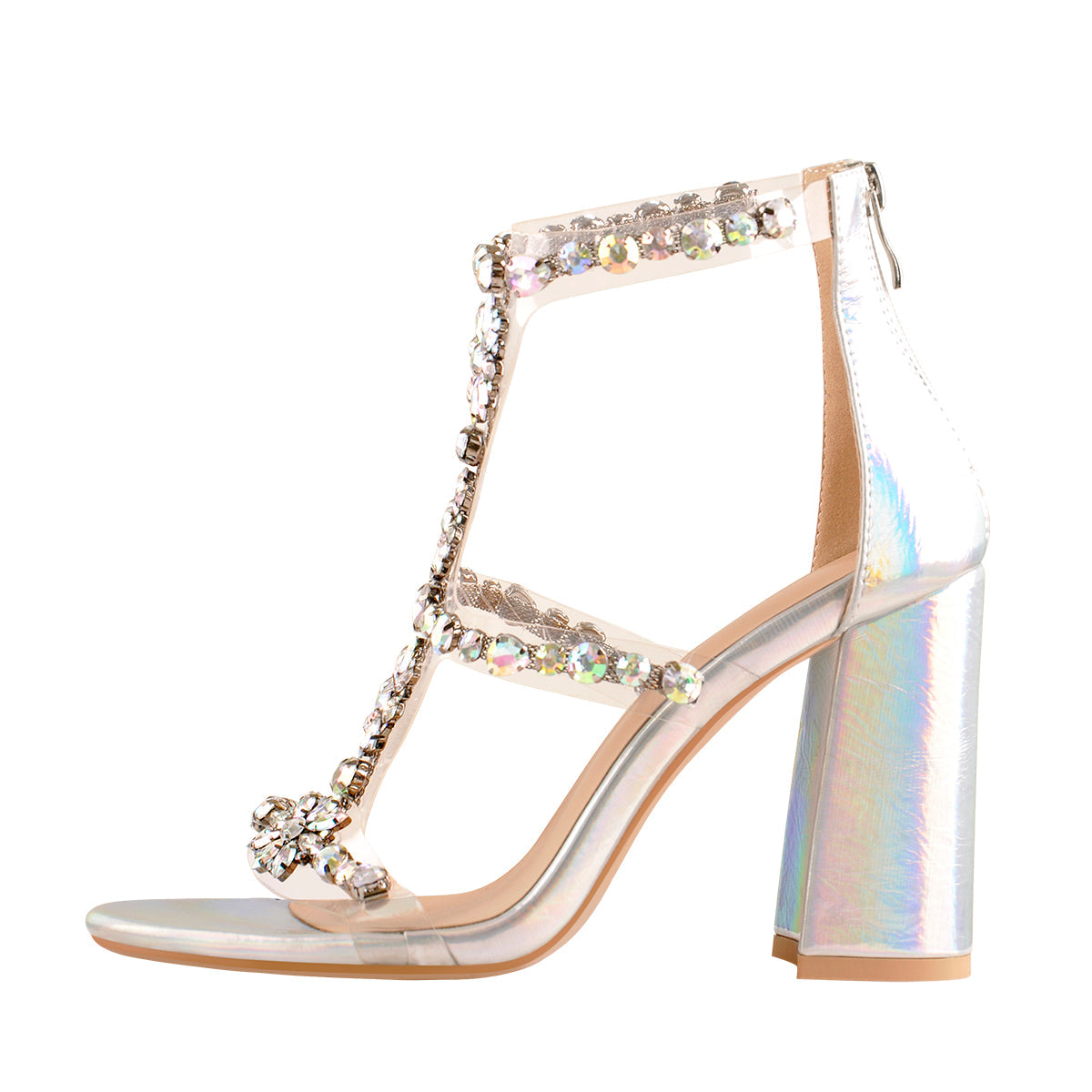 Open Toe Gem Rhinestone Transparent Strap Chunky Heel Sandals | Onlymaker Great Value
