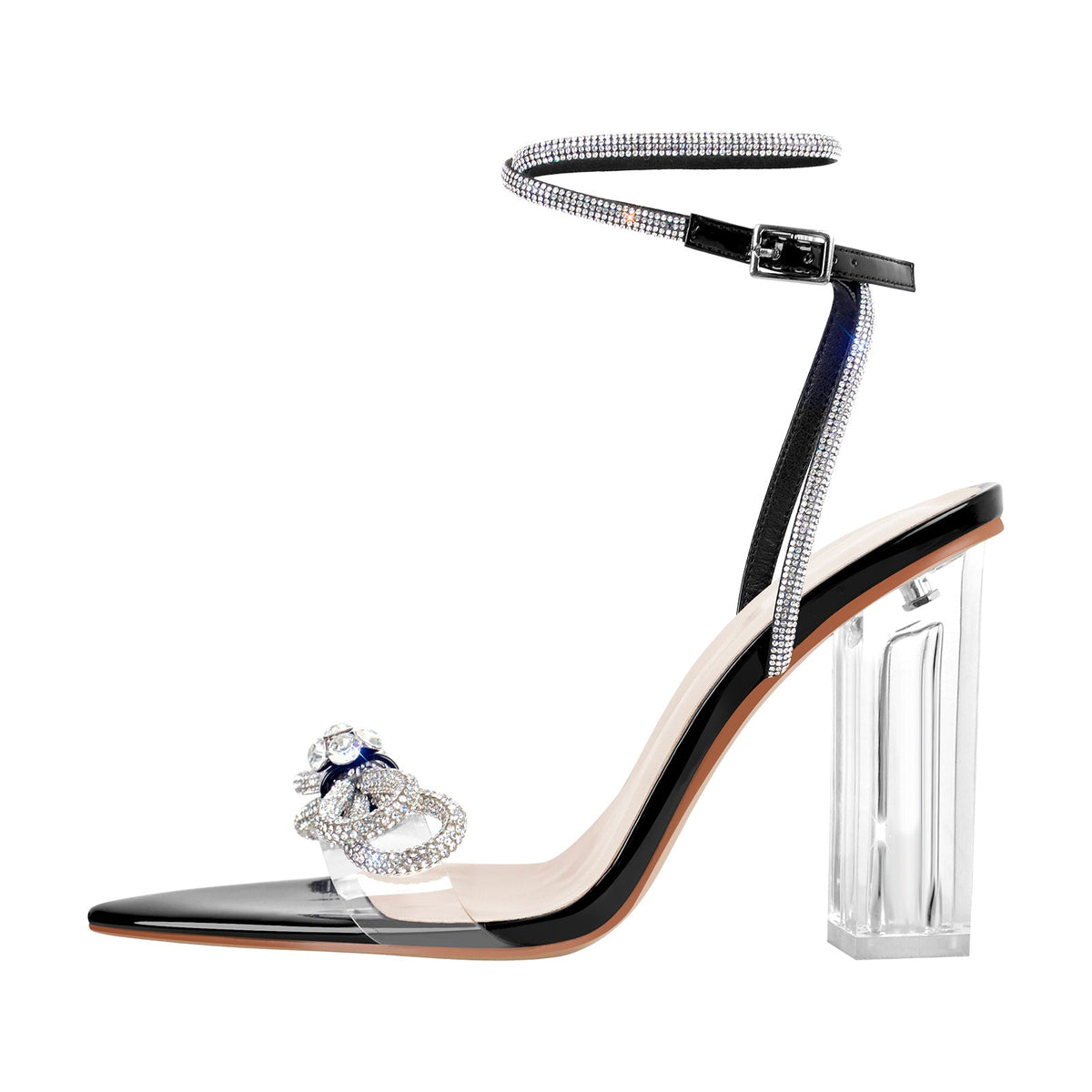 Rhinestone Bow Clear Chunky Heel Sandals | Onlymaker Value