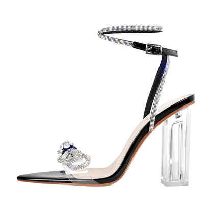 Rhinestone Bow Clear Chunky Heel Sandals | Onlymaker Value