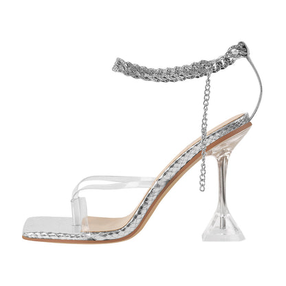 Silver Square Toe Metal Chain Tapered Heel Sandals | Onlymaker Best Seller