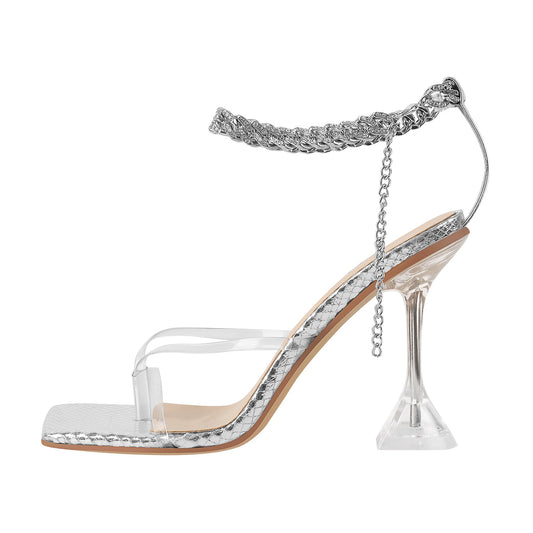 Silver Square Toe Metal Chain Tapered Heel Sandals | Onlymaker Best Seller