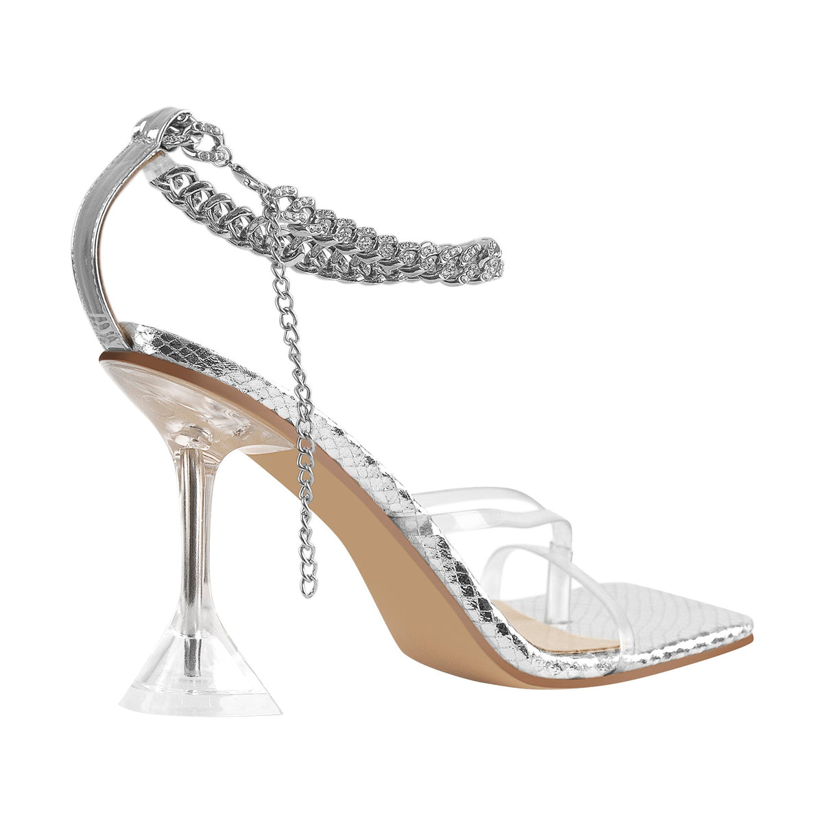 Silver Square Toe Metal Chain Tapered Heel Sandals | Onlymaker Best Seller