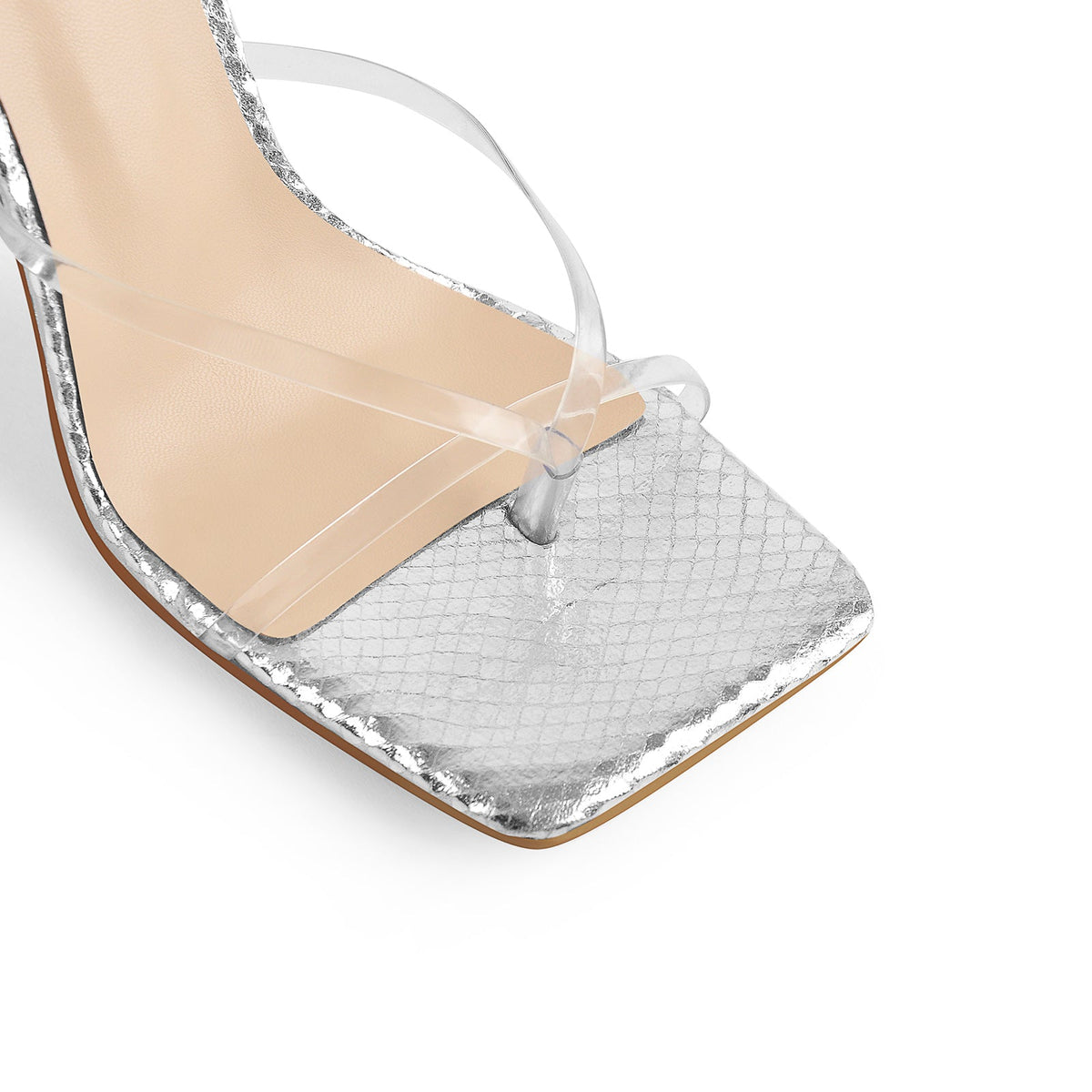 Silver Square Toe Metal Chain Tapered Heel Sandals | Onlymaker Best Seller