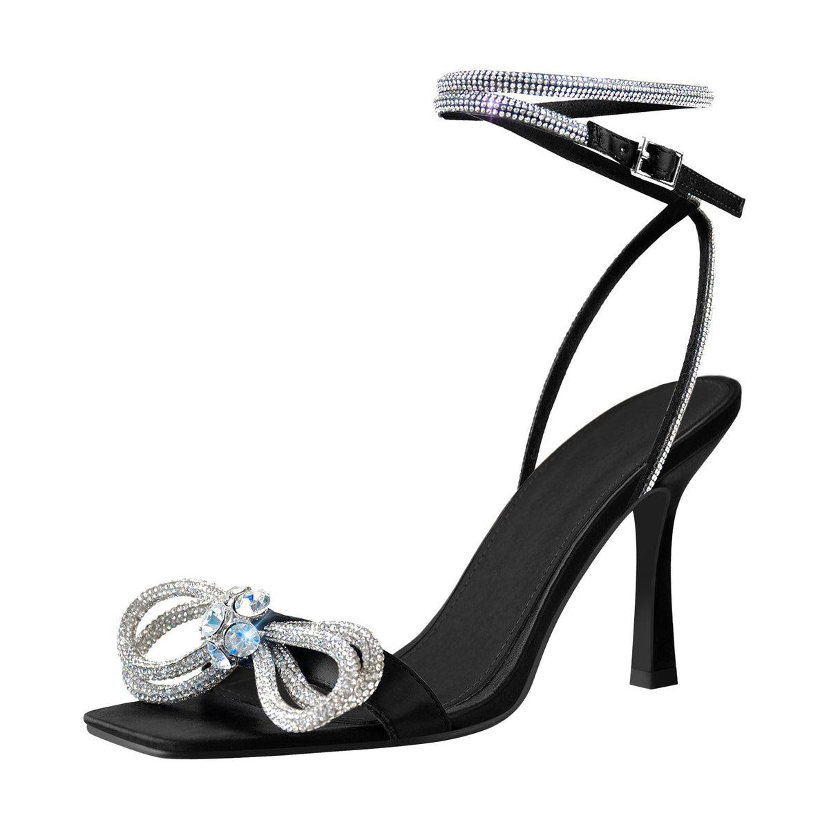 Square Toe Diamante Bow Rhinestone Ankle Strap Sandals | Onlymaker Sale