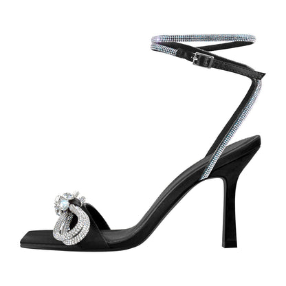Square Toe Diamante Bow Rhinestone Ankle Strap Sandals | Onlymaker Sale