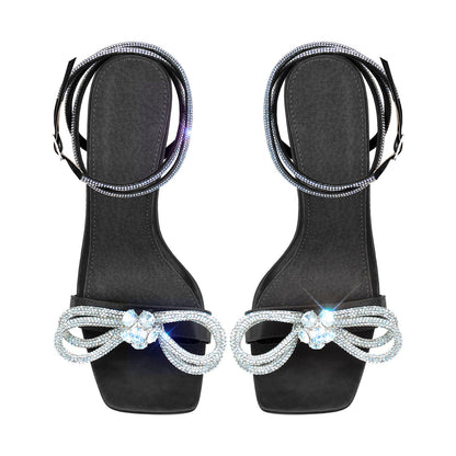 Square Toe Diamante Bow Rhinestone Ankle Strap Sandals | Onlymaker Sale