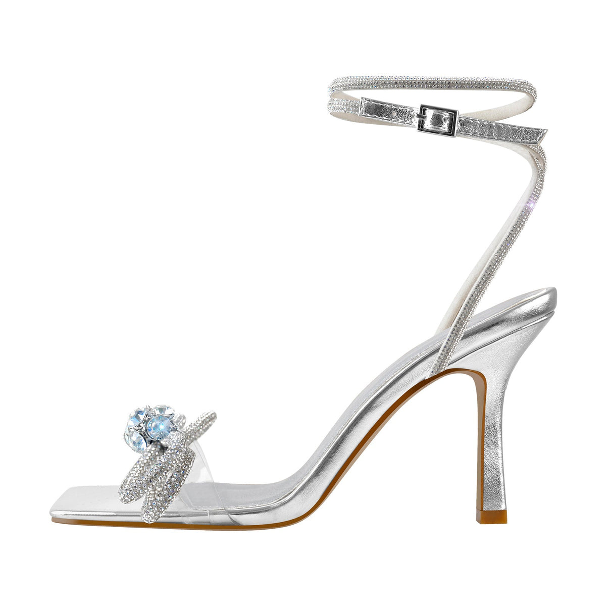 Square Toe Diamante Bow Rhinestone Ankle Strap Sandals | Onlymaker Sale