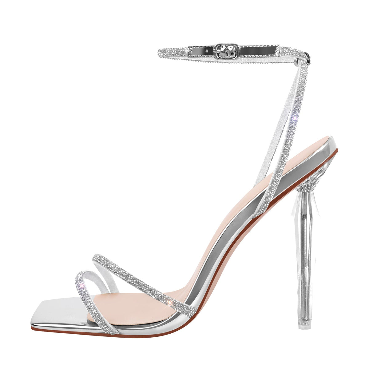 Rhinestone Square Toe Ankle Strap Clear Heel Sandals | Onlymaker Smart Buy