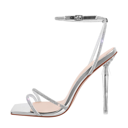 Rhinestone Square Toe Ankle Strap Clear Heel Sandals | Onlymaker Smart Buy