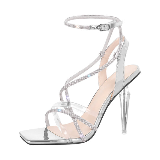 Square Toe Ankle Strap Clear Heel Sandals | Onlymaker Popular