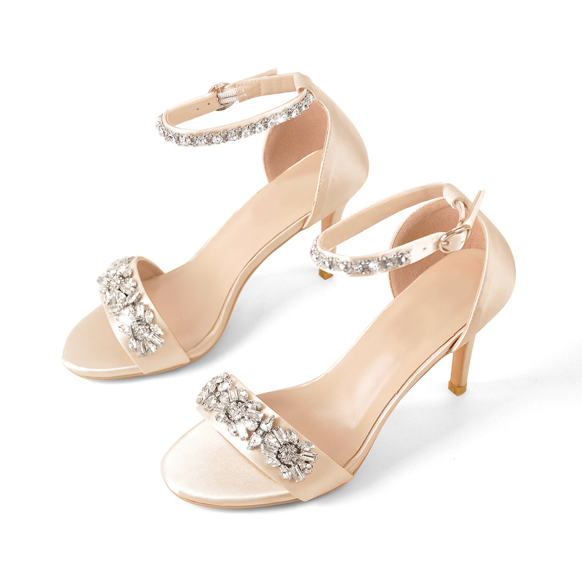 Rhinestone Embellished Ankle Strap White Sandals | Onlymaker Premium