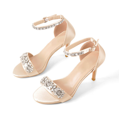 Rhinestone Embellished Ankle Strap White Sandals | Onlymaker Premium