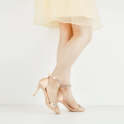 Rhinestone Embellished Ankle Strap White Sandals | Onlymaker Premium