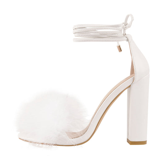Fluffy Feather Chunky High Heel Sandals | Onlymaker Best Price
