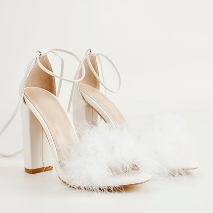 Fluffy Feather Chunky High Heel Sandals | Onlymaker Best Price