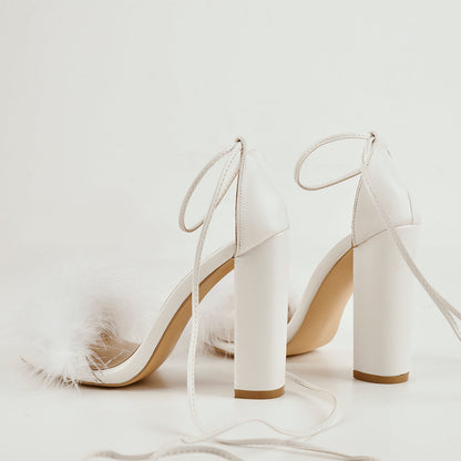 Fluffy Feather Chunky High Heel Sandals | Onlymaker Best Price