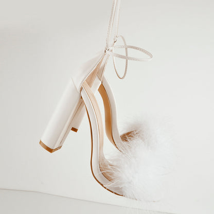 Fluffy Feather Chunky High Heel Sandals | Onlymaker Best Price