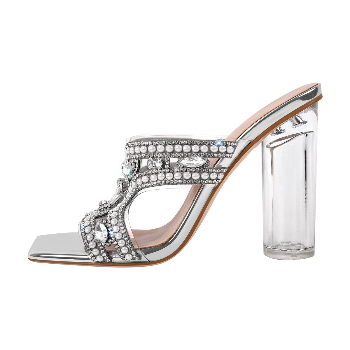 Pearl Rhinestone Square Toe Chunky Heel Sandals | Onlymaker Discount
