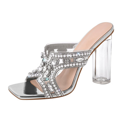 Pearl Rhinestone Square Toe Chunky Heel Sandals | Onlymaker Discount