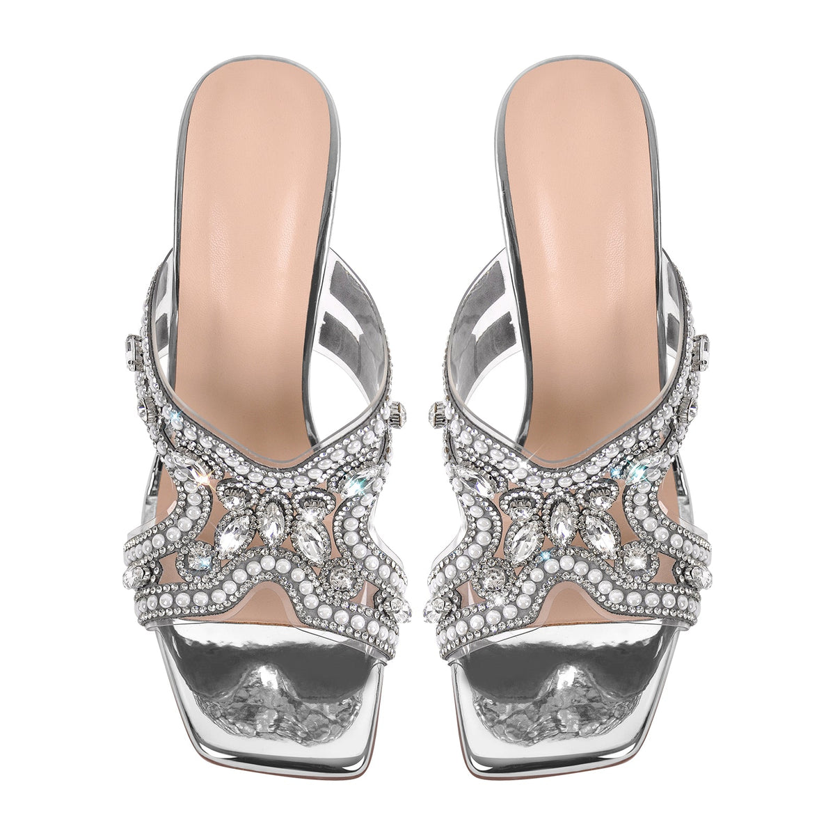 Pearl Rhinestone Square Toe Chunky Heel Sandals | Onlymaker Discount