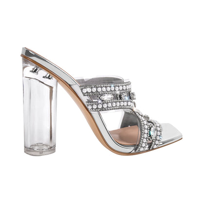 Pearl Rhinestone Square Toe Chunky Heel Sandals | Onlymaker Discount