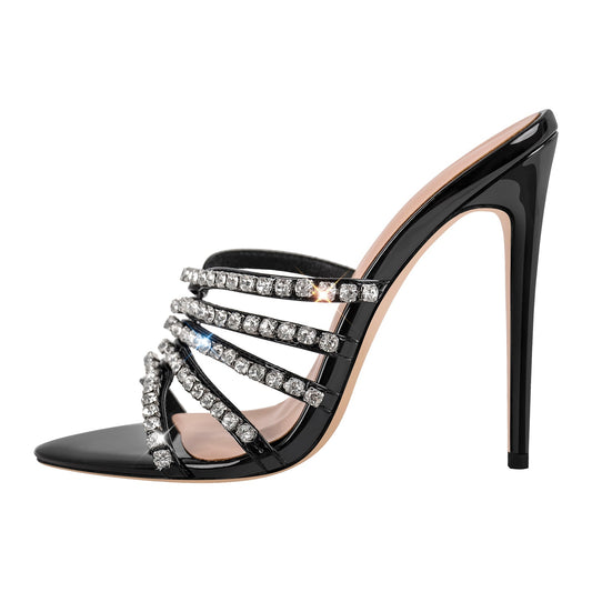 Rhinestone Pointed Toe Strap Stiletto Sandals Mules | Onlymaker Customer Favorite