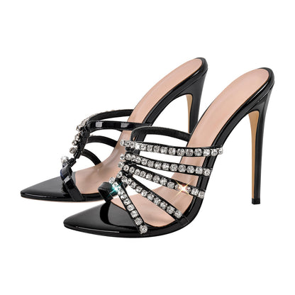 Rhinestone Pointed Toe Strap Stiletto Sandals Mules | Onlymaker Customer Favorite