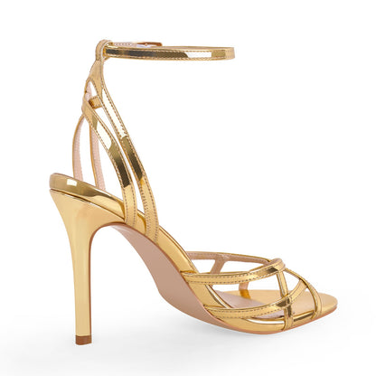 Gold Round Toe Ankle Strap Stiletto Sandals | Onlymaker Signature