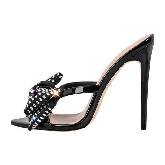 Rhinestone Pointed Toe Bow Stiletto Sandals Mules | Onlymaker Value
