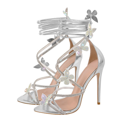 Rhinestone Butterfly Pointed Toe Stiletto Sandals | Onlymaker Top Pick