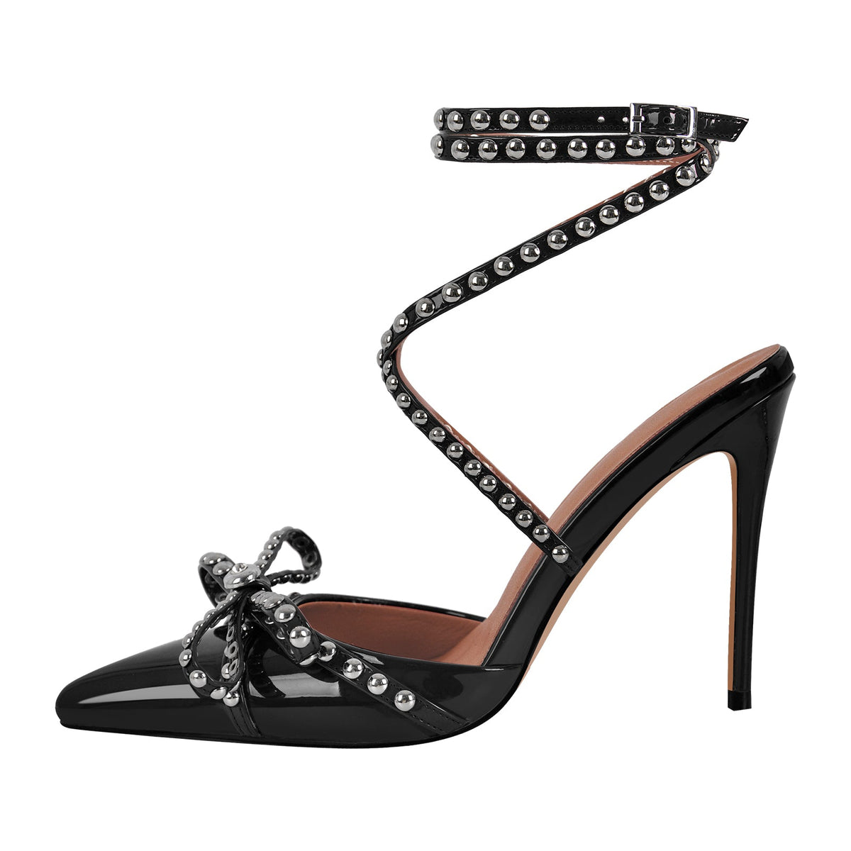 Bow Rivet Pointed Toe Cross Ankle Strap Pumps | Onlymaker Best Price